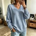 thumbnail image 2 of Dwellite Womens Knit V Neck Sweater Long Sleeve Fall Tops Lightweight Basic Pullover Tops Light Blue M, 2 of 6