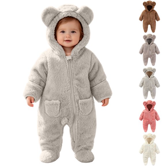 Sentuca Baby Romper Hooded, Boys Girls Cute Warm Fleece Bodysuit Solid Color Long Sleeve Zipper Newborn Infants Jumpsuits Gray Size 12M