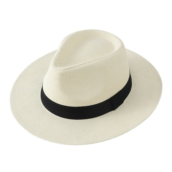 Fgnfyis Men's Wide Brim Straw Fedora Hat Summer Outdoor Sun Breathable Cowboy Beach Headwear White2 One Size