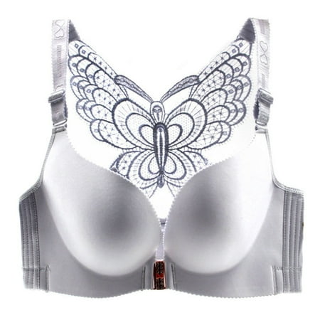 

Butterfly Embroidery Front Closure Wireless Bra Adjustable Push Up Bra Plus Size Everyday Wireless Women Bralettes Gray 34/75C