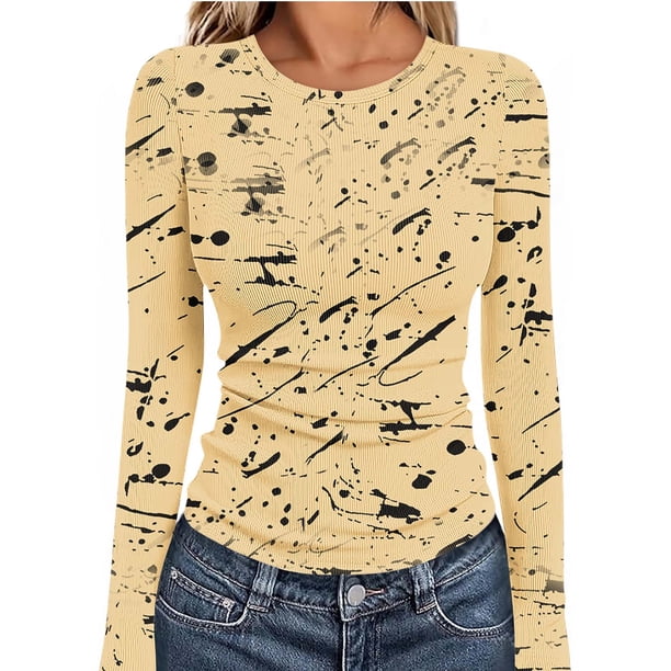 Xuyuer Long Sleeve Tops for Women Round Neck Floral Blouse Layering Fitted Going Out Top