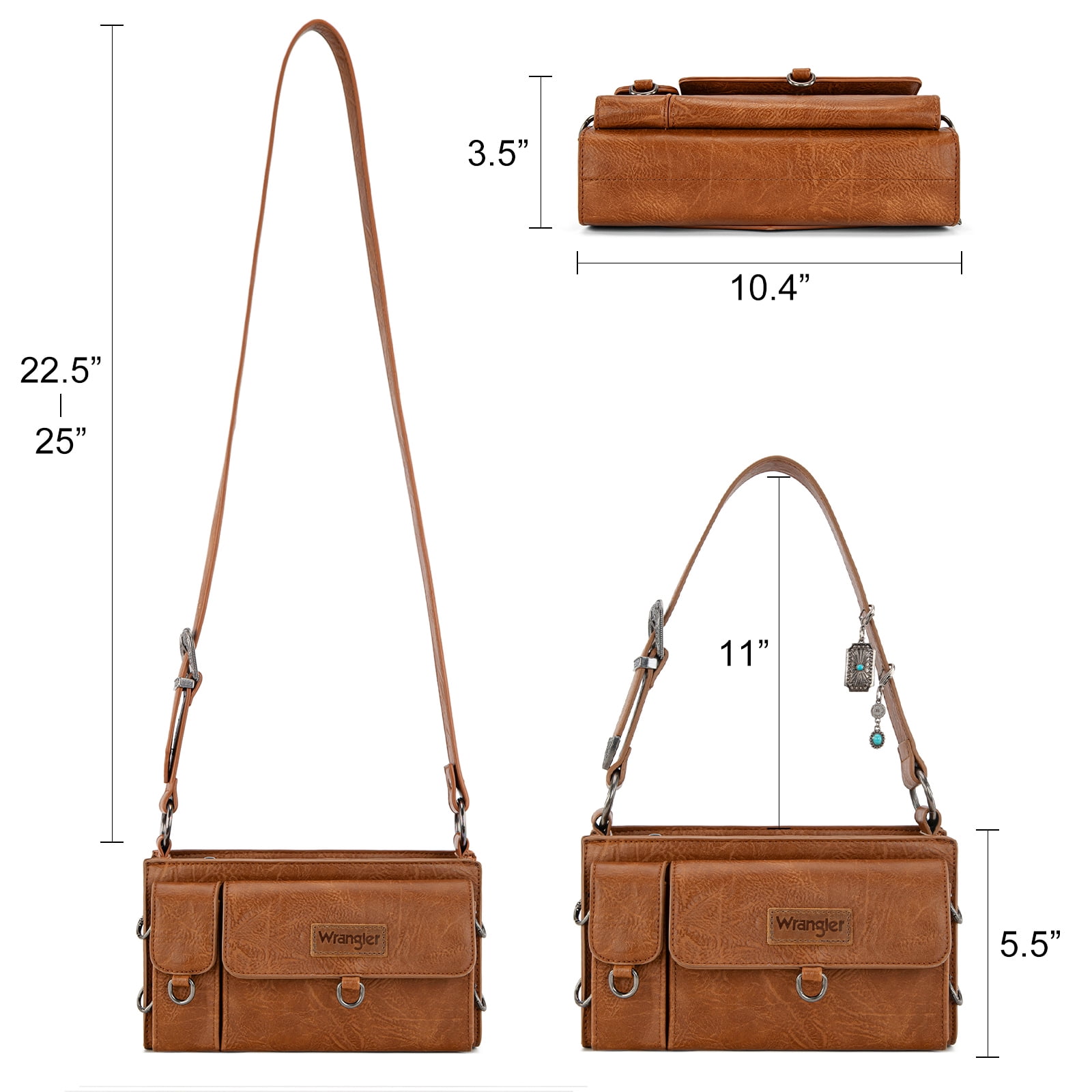 Wrangler Y2K Purse Small Shoulder Bag for Women Stylish Western Design with Detachable Charms Multiple Pockets, Brown