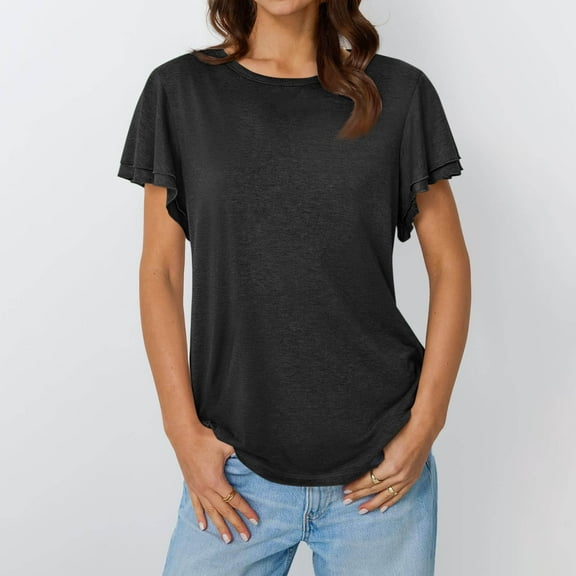 Summer Plus Size Short Sleeve Tops For Women Crew Neck Solid Color Lightweight Loose Casual T-shirt Women Trendy Black Color Size S Pullover Blouse Loungewear