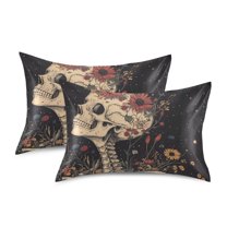 Yayeee Pillowcase Queen Size Set of 2 Satin Wrinkle Resistant Pillow Case, Skeleton with Flowers Pattern