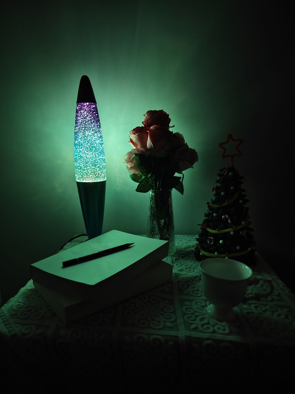 Libubow 16 Inch Aurora Glow Glitter Night Light, 2 Bulbs, Silver Glitter Clear Liquid