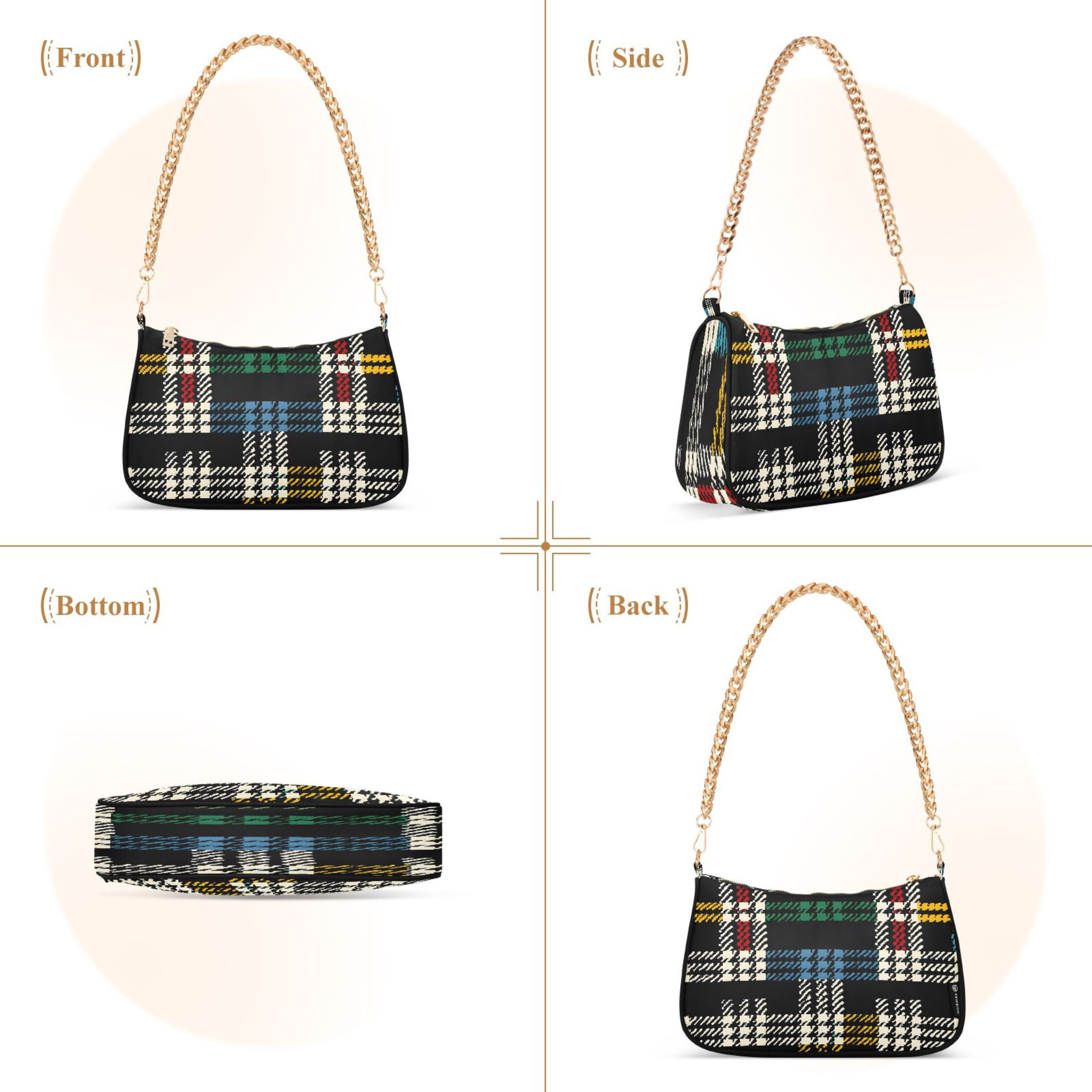 Ryvnso Colorful Black Checkered Pattern Womens Chain Shoulder Bag Tote Handbags Clutch Hobo Purse with Zipper for Travel