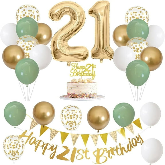 Januofit 21th Birthday Decorations for Men Women, Sage Green White Gold Balloons With Happy 21th Banner, Cake Topper, Number 21 Foil Balloon for 21 Year Old Party Decoration