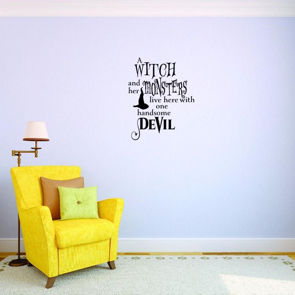 Custom Decals A Witch And Her Monsters Live Here With One Handsome Devil Wall Art Size: 20 X 40 Inches Color: Multi