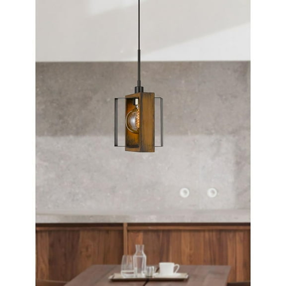 60W Agrigento Pine Wood, Metal Mini Pendant Fixture (Edison Bulb Included), Wood, Black