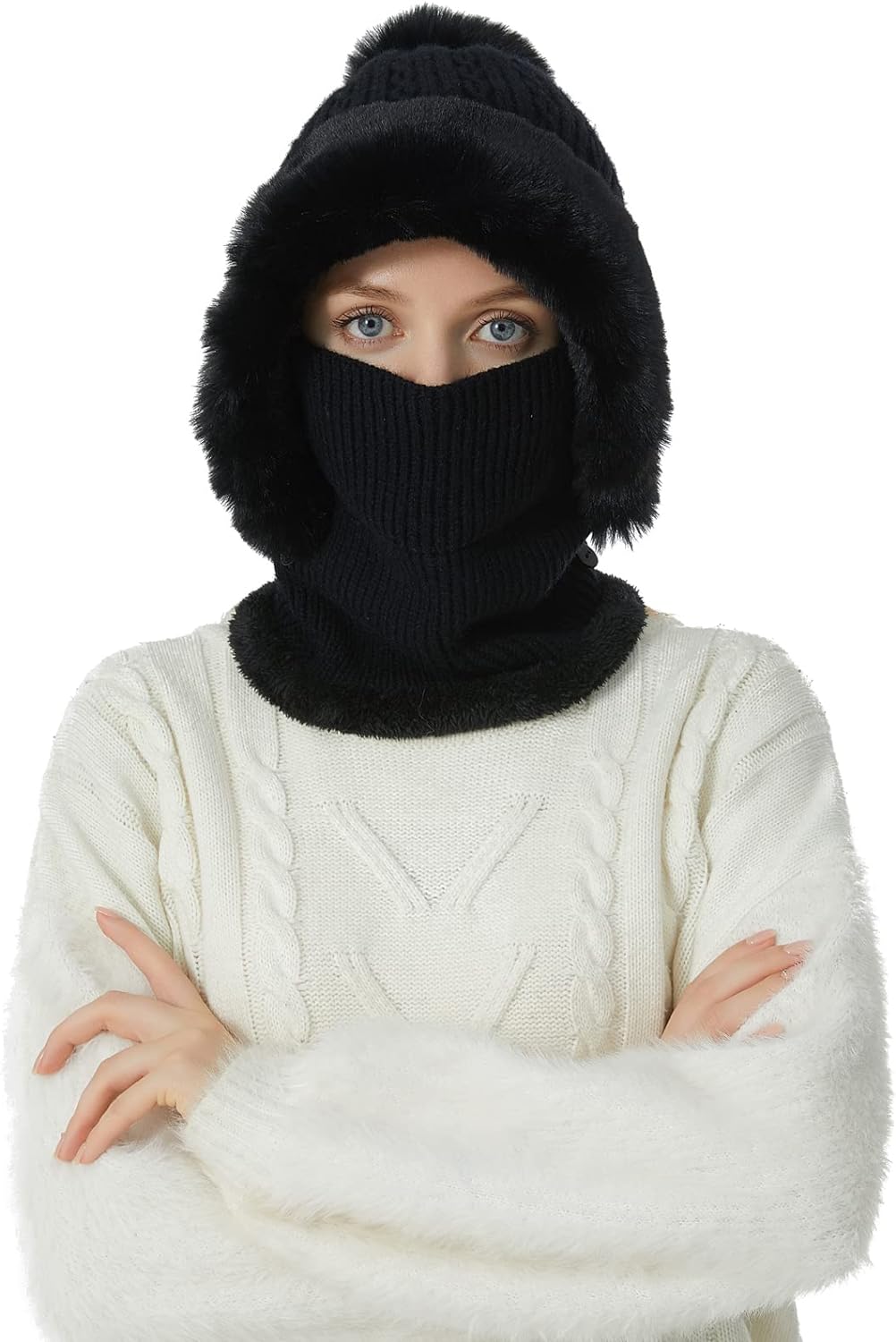 Zhengup Women Balaclava Visor One-Piece Skull Beanie Hat Neck Circle Scarf Ski Snow Winter Knit Fleece Cap Cold Weather