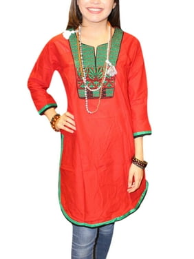 Mogul Bohemian Womens Red Tunic Dress Embroidered Cotton Kurti M