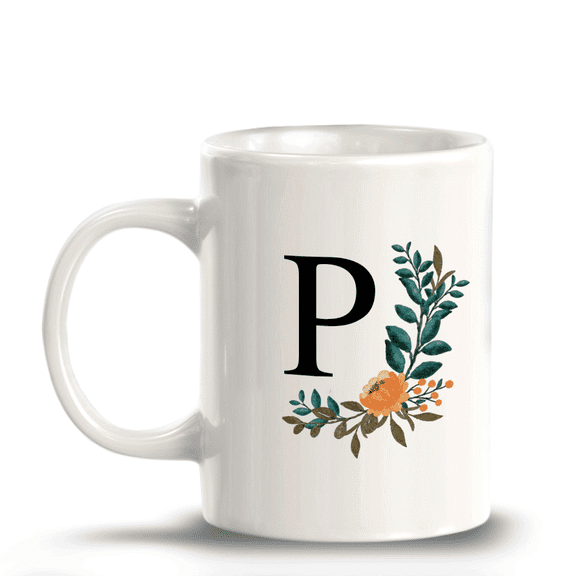 P Floral Pattern 11oz Ceramic Coffee Mug | Initial Personalized Gift