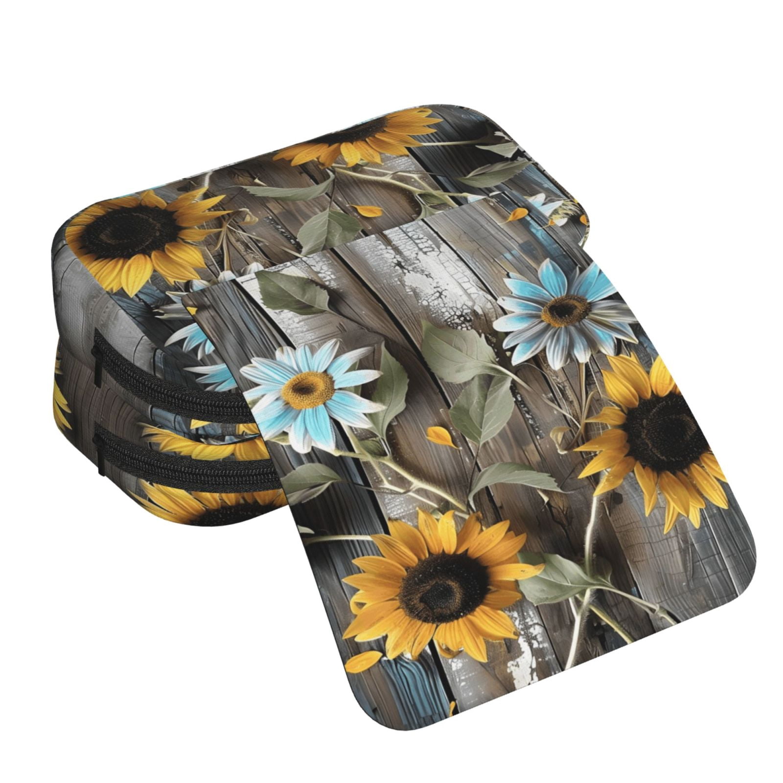 Large-Capacity Flip-Top Double-Layer Pencil Case, Multi-Functional Pocket Pen Case, Durable Stationery Organizer Turquoise Wood Farmhouse Sunflowers (1)