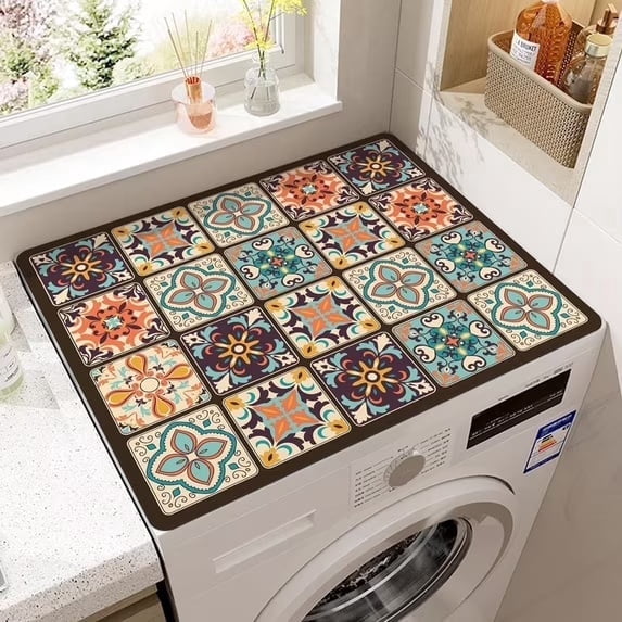 Floral Washer Cover Mat, Washer and Dryer Top Protector Mat, Anti-Dust Refrigerator Top Cover, Retro Boho Grid, Home Appliance Decor
