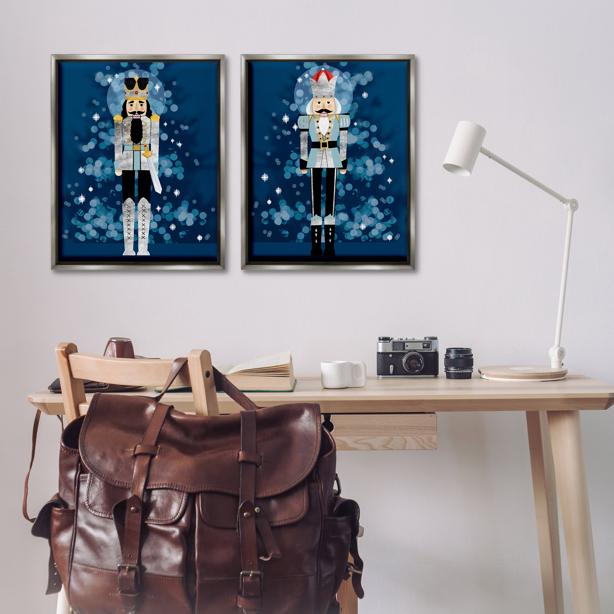 Stupell Industries Blue Nutcracker Figures Holiday Painting Gray Floater Framed Canvas Art Print Wall Art, 31 x 25, Set of 2