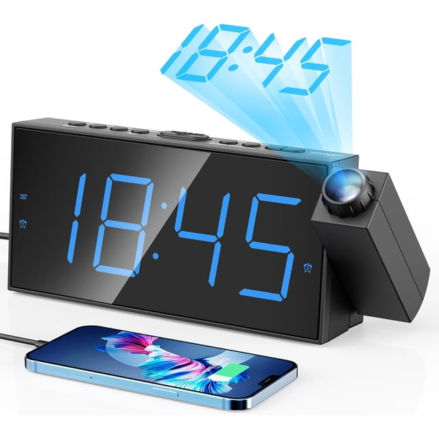 Reloj Despertador Digital con Proyector - LED Grande con de 180°, Proyección en Pared/Techo, Atenuador, Cargador USB y Respaldo de Batería, Alarma Fuerte para Dormitorio, Personas con Sueño