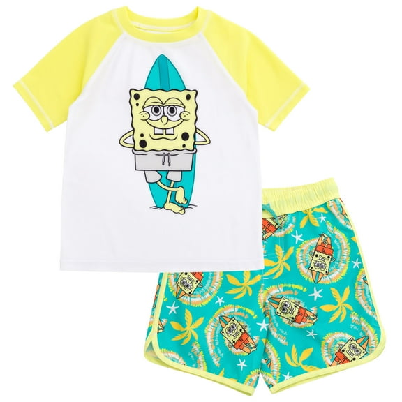 SpongeBob SquarePants Surfboard UPF 50  Rash Guard and Swim Trunks Outfit Set Little Kid to Big Kid