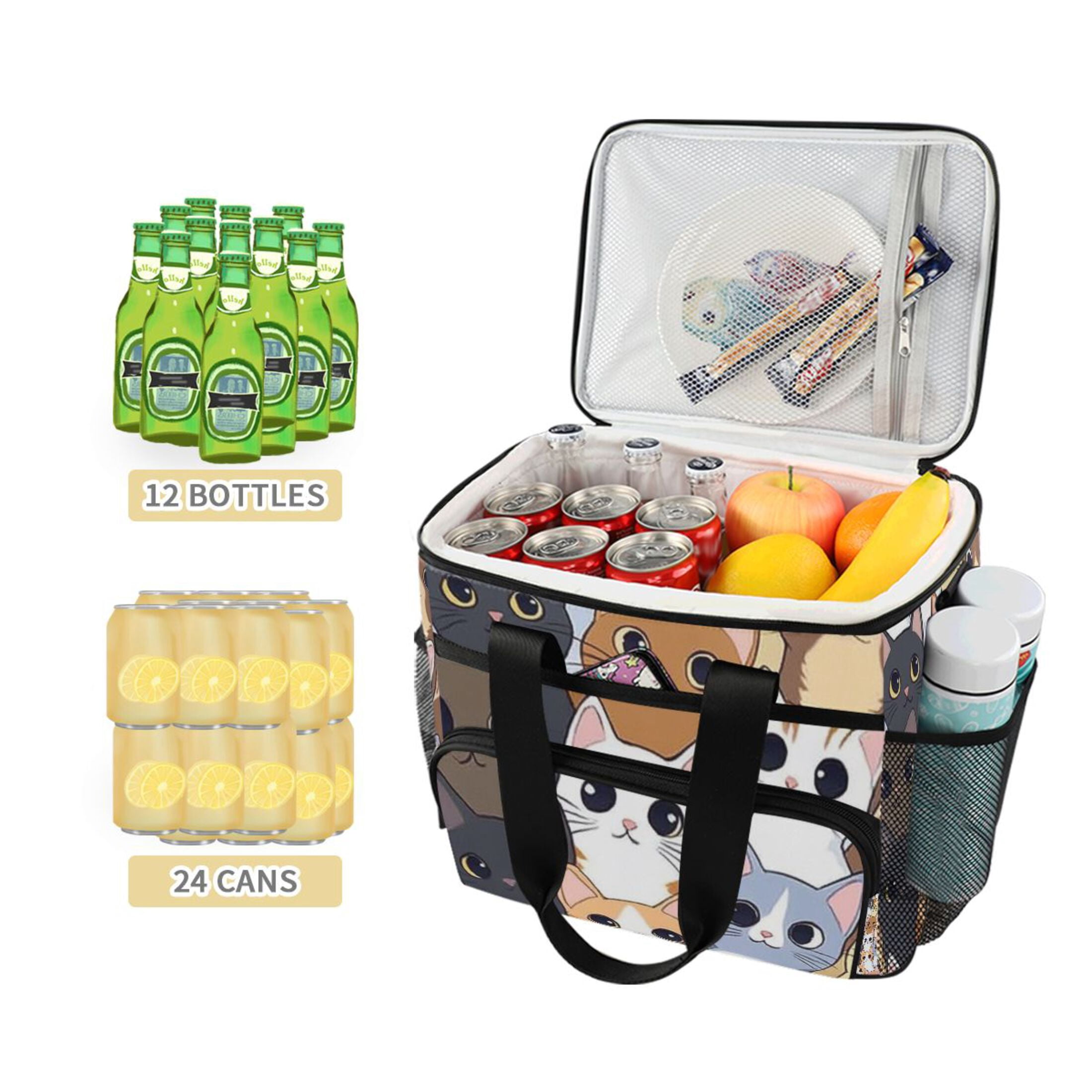 Cute Cat Faces Pattern Insulated Lunch Bag 15L Cooler Box for Women Men Work Camping Beach Travel