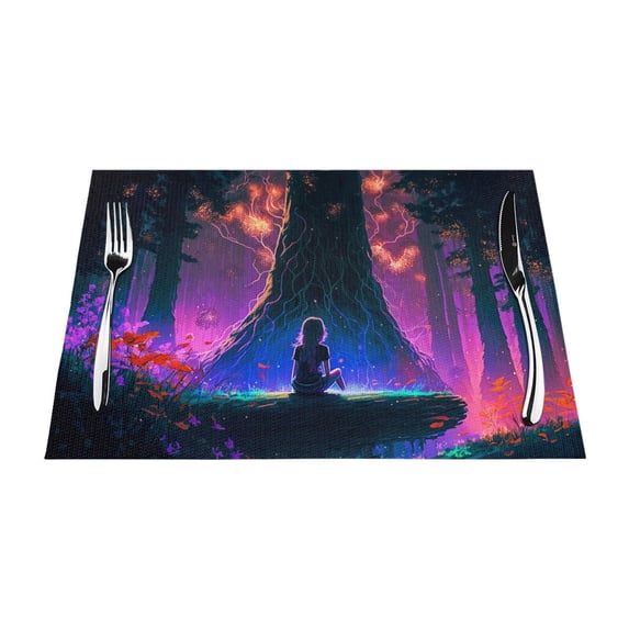 ZNDUO Placemats, 6 PCS Heat Resistant Stain Resistant Woven PVC Insulation Placemats, Durable Washable Elegant Table Mats for Dining-Purple Forest Landscape, 18"x12"