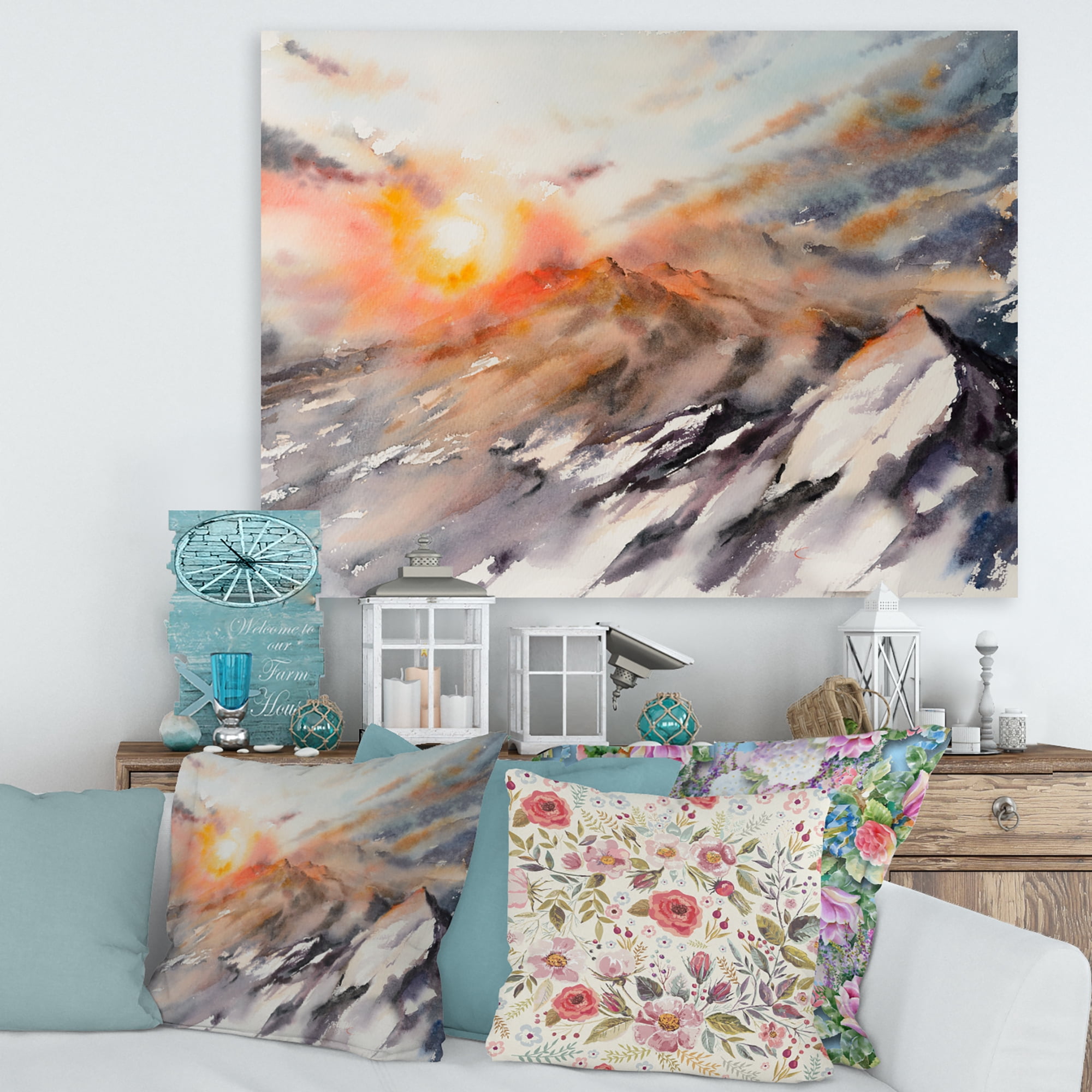 Designart ' Majestic Sunset Glow on The Mountains Landscape ' Traditional Canvas Wall Art Print