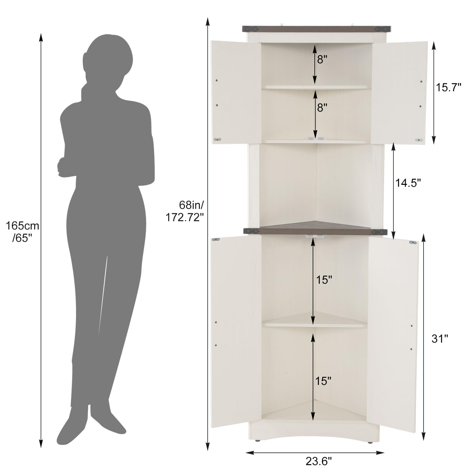 ChVans Farmhouse 68" Tall Corner Cabinet w/4 Barn Doors, 5 Tier Bookcase Storage Cabinet with Adjustable Shelves, Corner Storage Cabinet for Bathroom,Living Room,Kitchen, White-Brown