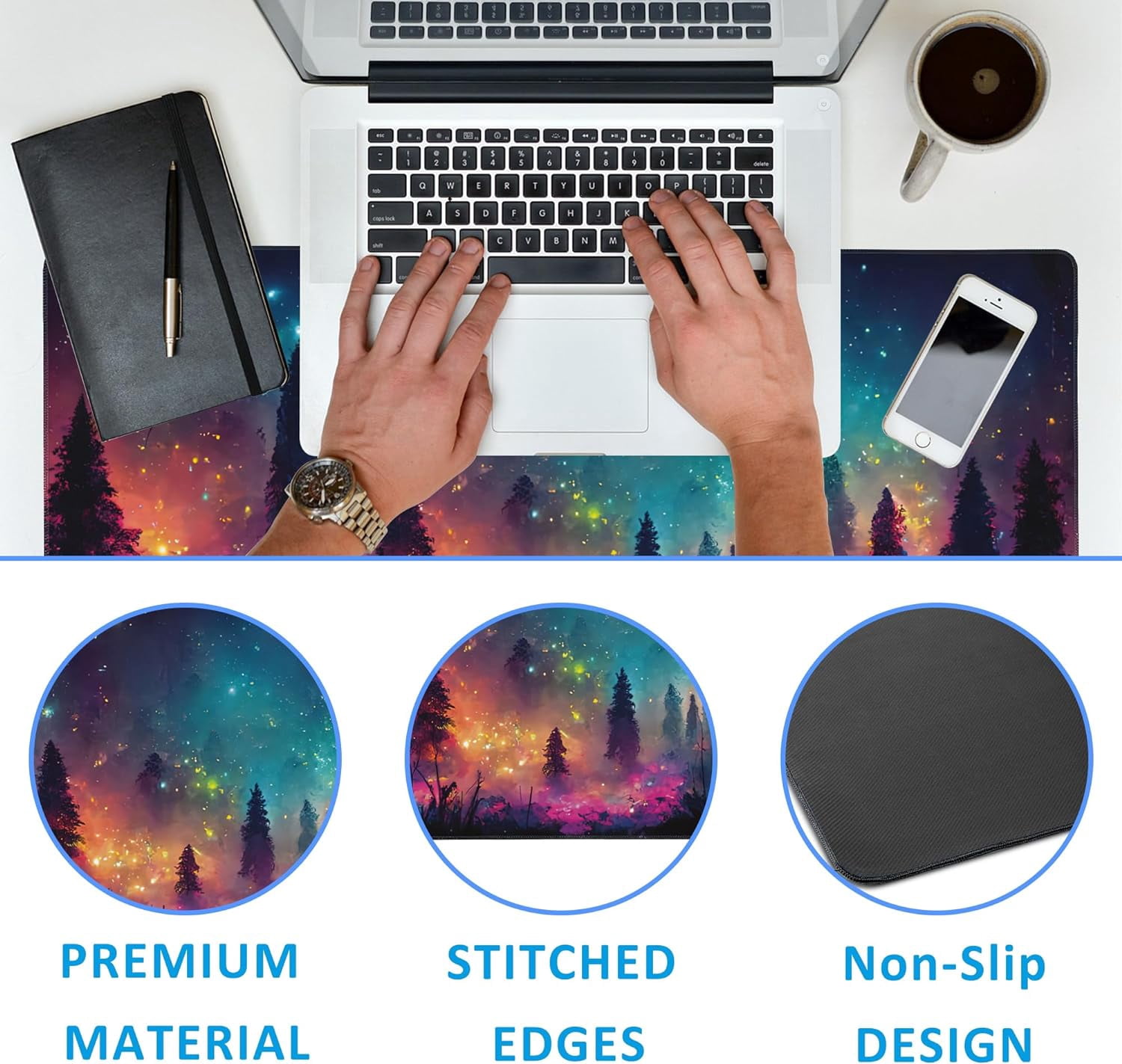 Fantasy Forest Desk Mat,Large Gaming Mouse Pad,Non-Slip Rubber Base Desk Pad with Stitched Edges for Desk Office Home Decor 35.4X15.7 Inch