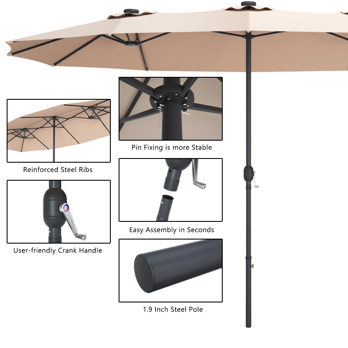 Topbuy 15' Outdoor Solar LED Patio Double-Sided Market Umbrella Beige