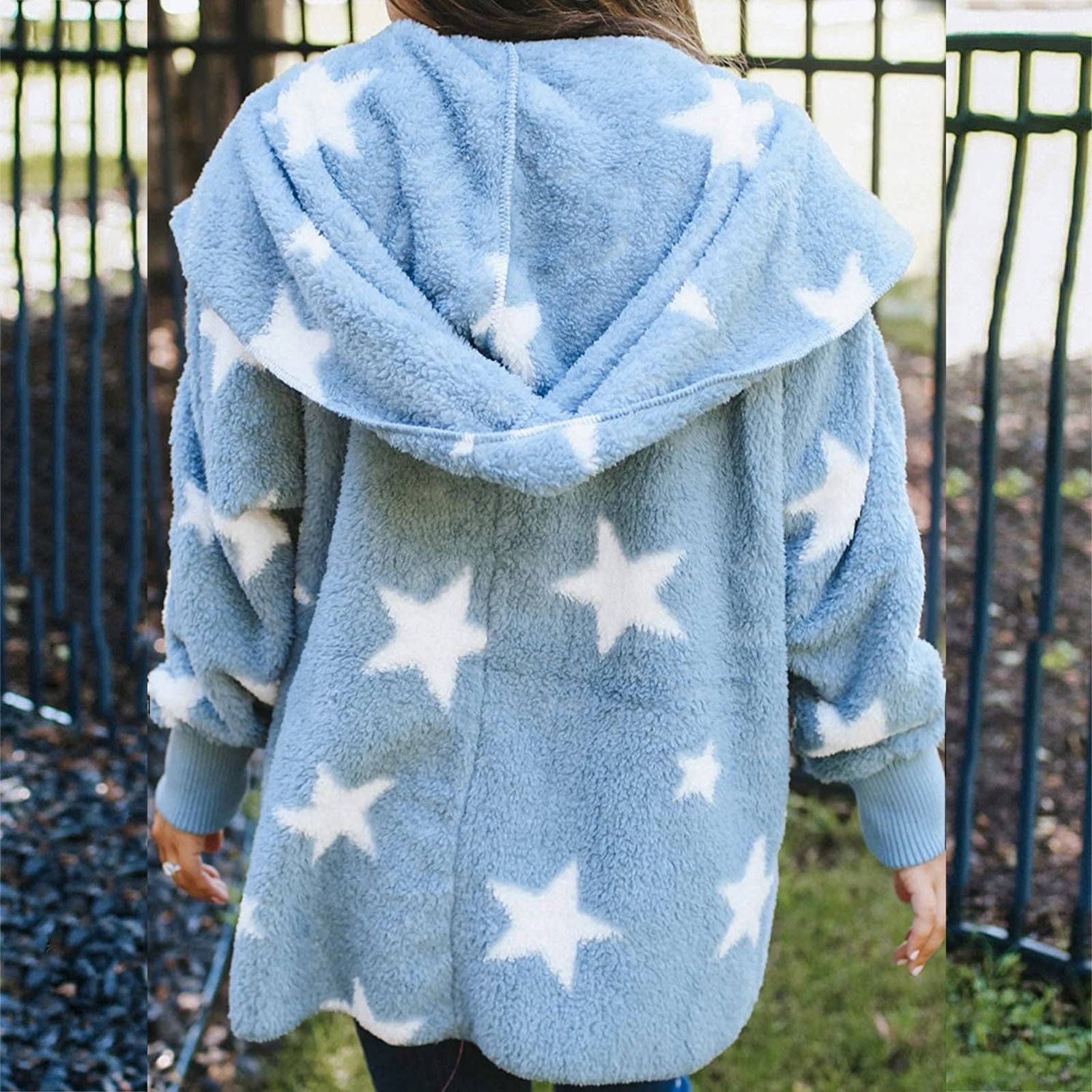Cute Cardigan Women s Fashion Casual Hooded Pocket Five pointed Star Cardigan Plush Stitching Jacket Coat on Clearance