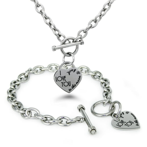 Tioneer Stainless Steel I Love You to the Moon & Back Heart Charm Toggle Bracelet & Necklace