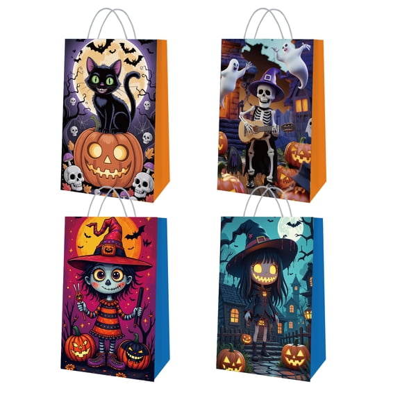 24 Pack Halloween Paper Gift Bags with Handles - 4 Unique Designs (6 of Each) - Trick or Treat Candy Bags, Goodie Bags for Halloween Party Favors,Halloween Treat Bags (Black Cat, Skeleton, Cute
