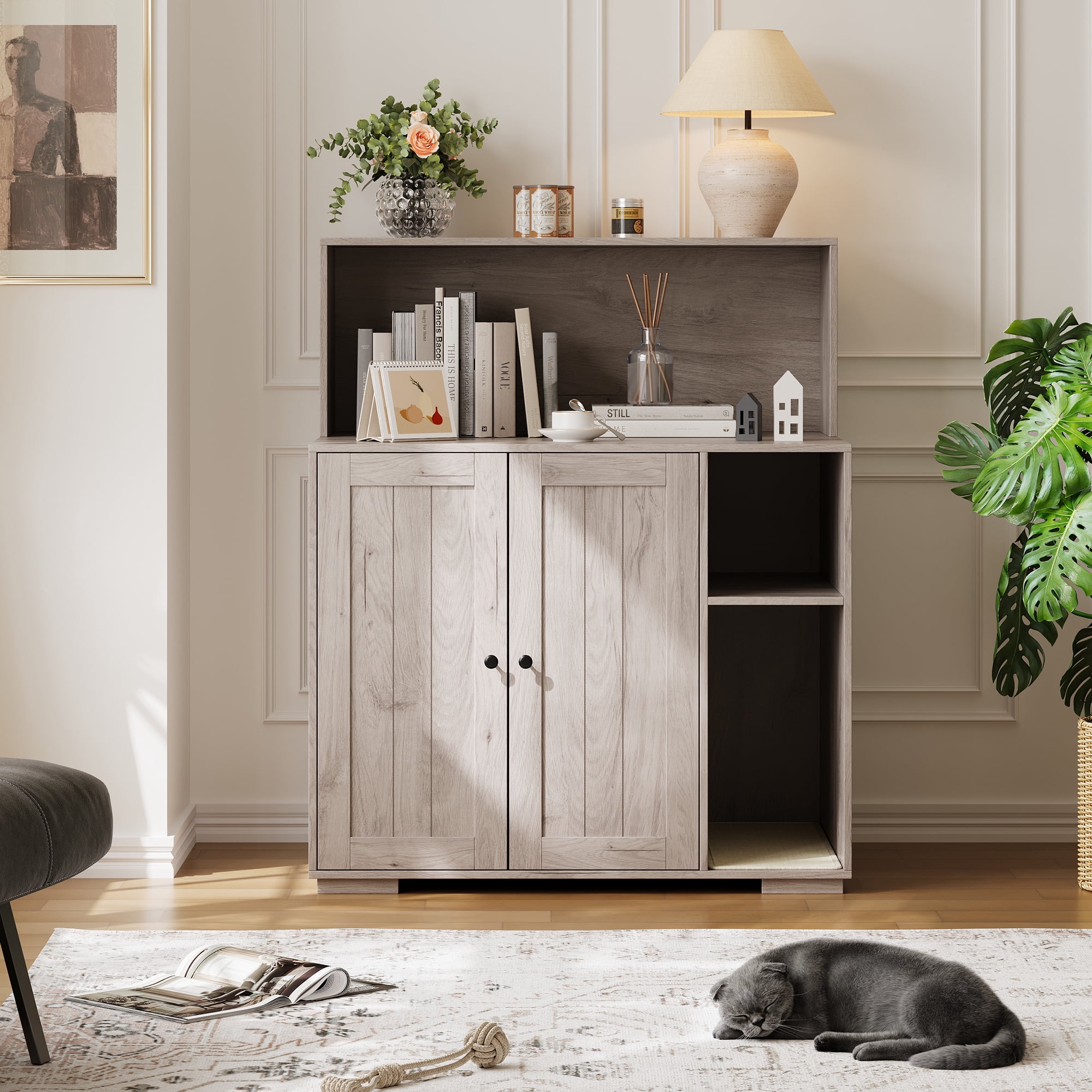 Ataucjin Large Cat Litter Box Enclosure with Scratch Pad, Large Automatic Litter Box Furniture for Placing Self-Cleaning Litter Box,Litter Cabinet with Outlet,Space for Cat Stuffs