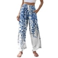 thumbnail image 2 of Wutalume Women's Retro Floral Print Wide Leg Pants, Casual Drawstring Beach Trousers with Pockets, Loose Flowy Spring Bottoms for Travel,Blue L, 2 of 6