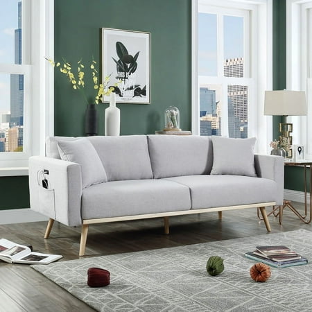Easton 75" Light Gray Linen 3-Seater Sofa: USB Charging, Side Pockets, Foam Seat, Wood Legs for Living Room & Apartment Comfort