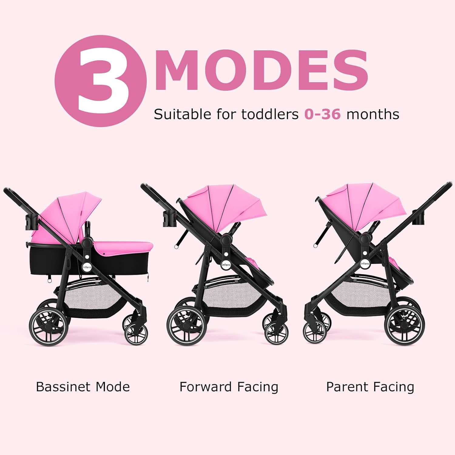 INFANS 2 in 1 Baby Stroller, High Landscape Infant Stroller, Foldable Pushchair with Adjustable Canopy, Cup Holder, Storage Basket, Suspension Wheels (Pink)