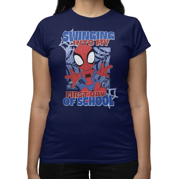 Marvel Spidey And His Amazing Friends Women's Swinging Into First School Day T-Shirt (Navy, S-XXL)