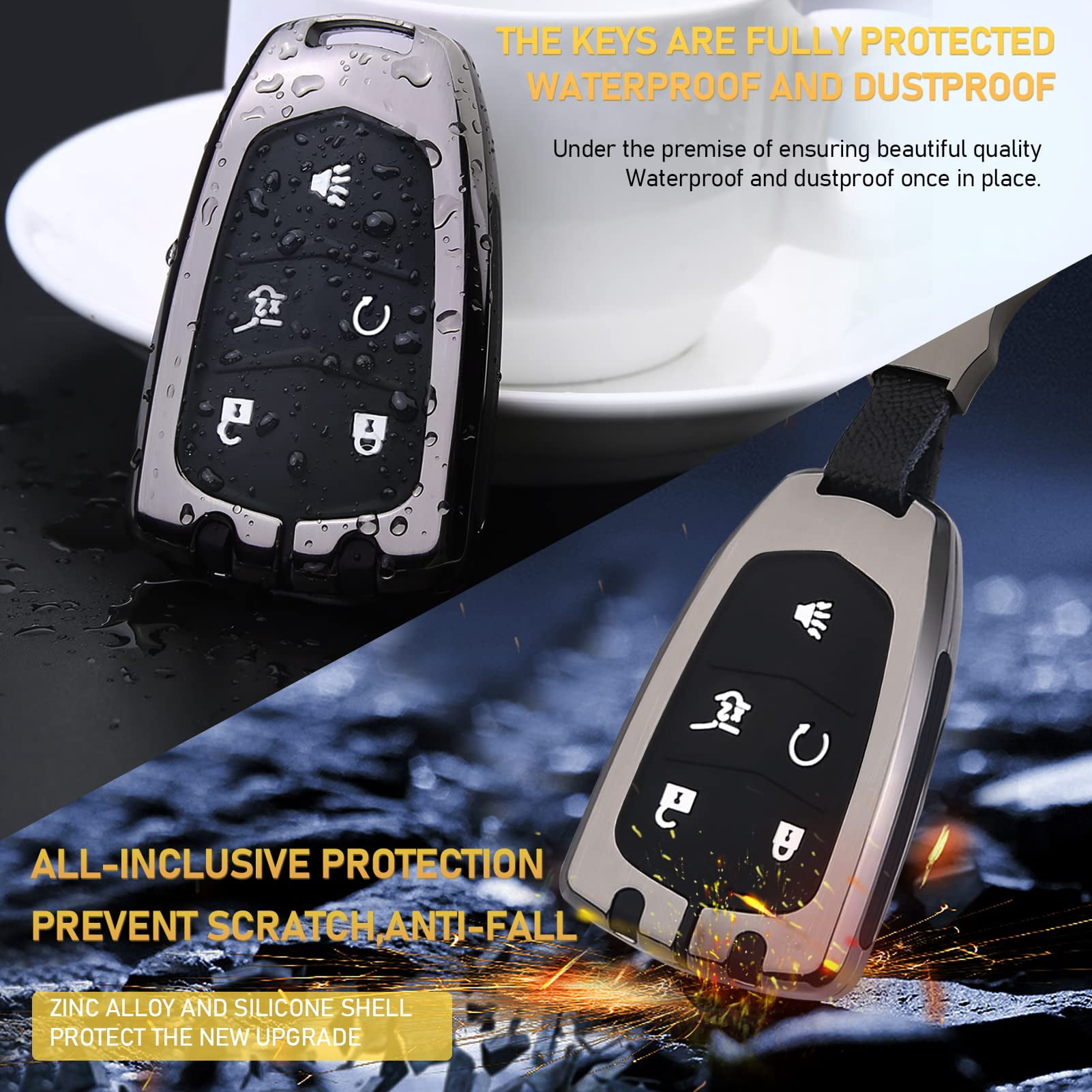Compatible with Cadillac Key Fob Cover Case for 2015-2019 Cadillac CT4 CT5 CT6 CTS SRX XTS 2019-2023 XT4 XT5 XT6,Metal Shell & Soft Silicone Protection 5 Buttons Smart Key