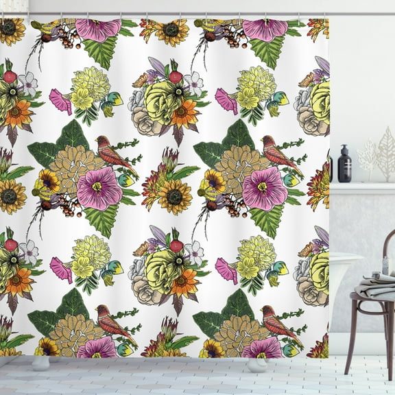 Ambesonne Botanical Shower Curtain, Leaves and Sunflowers, 69"Wx70"L, Multicolor