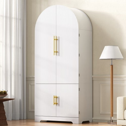 DRNANLIT Arched Kitchen Pantry Cabinet, Fluted Storage with 8 Door Shelves & Hidden Drawer, White