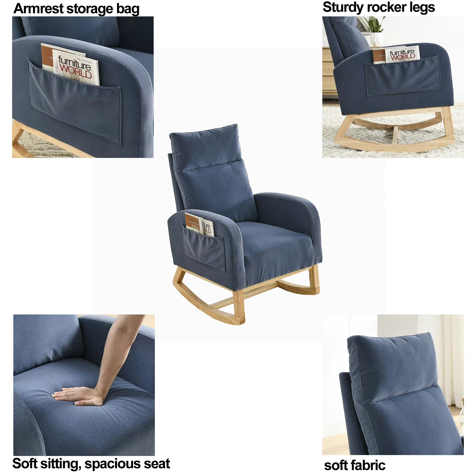 Zechuan Rocking Chair for Nursery - Living Room Lounge Armchair with Side Pockets - Blue Velvet