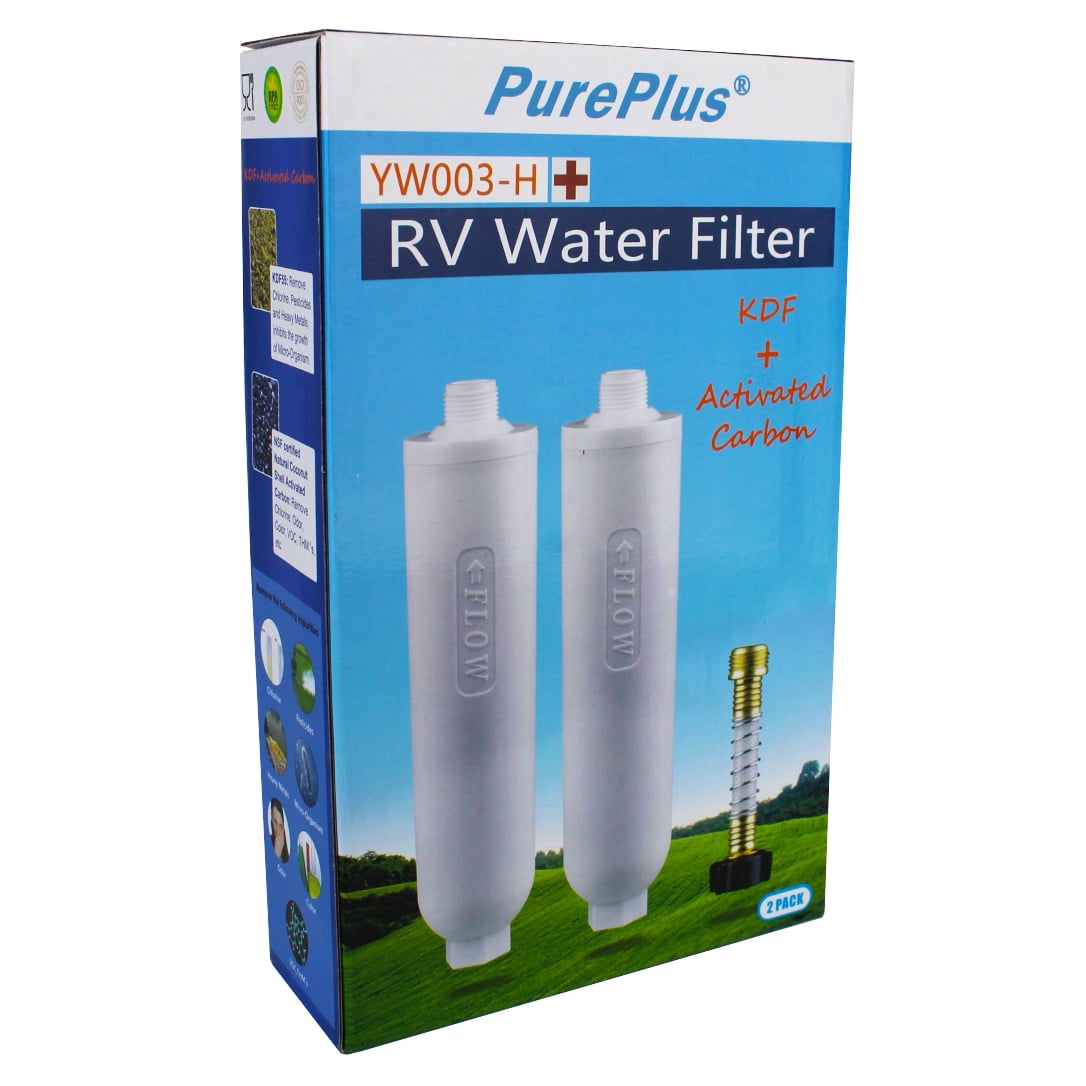 PurePlus RV Water Filter 2 Pack w Flexible Hose KDF + Activated Carbon