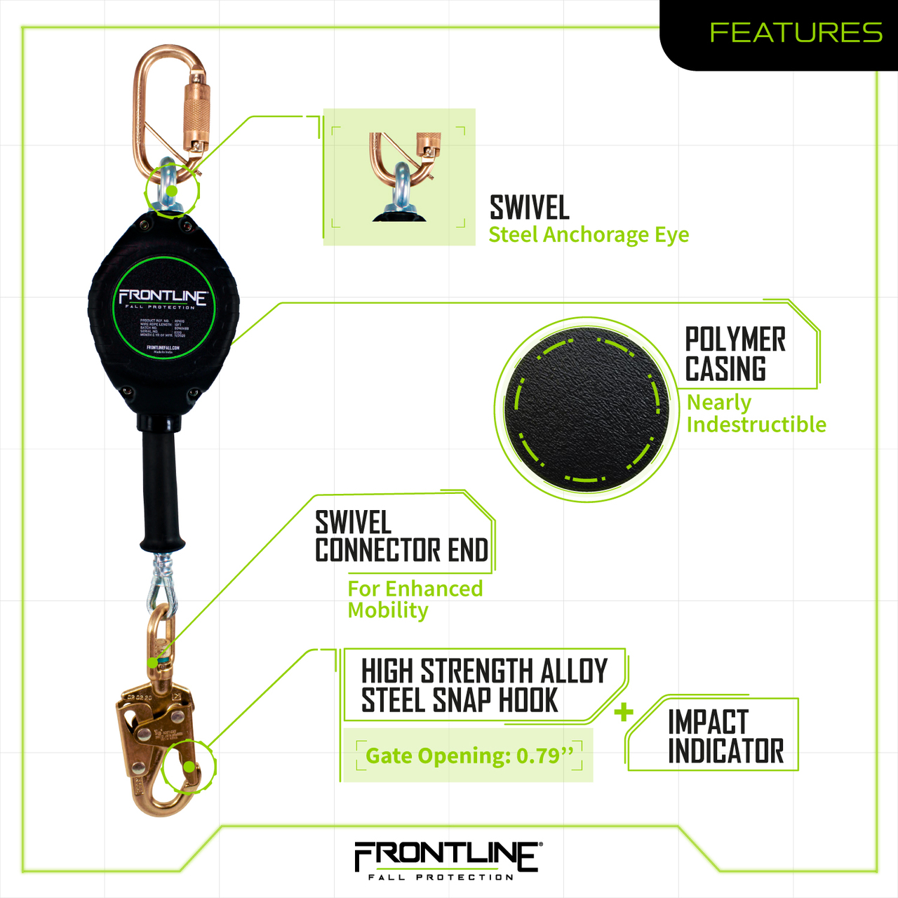 Frontline RPG20 Cable Single Leg 20ft SRL with Steel Snap Hook End| Roofing | Construction | Personal Fall Arrest Protection | Galvanized Steel Retractable Lifeline/Safety Yoyo