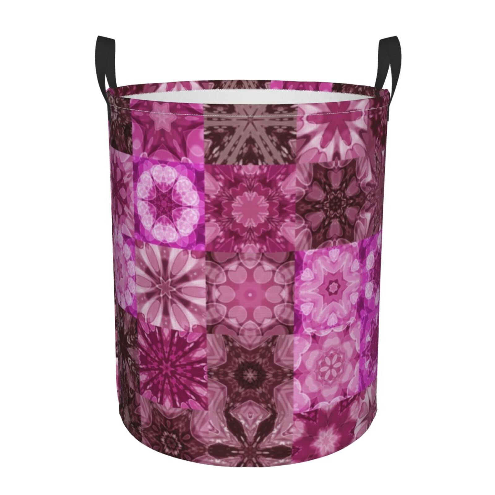 Round Laundry Basket, Pink Spiral Mandela Pattern Foldable Laundry Hamper With Handles