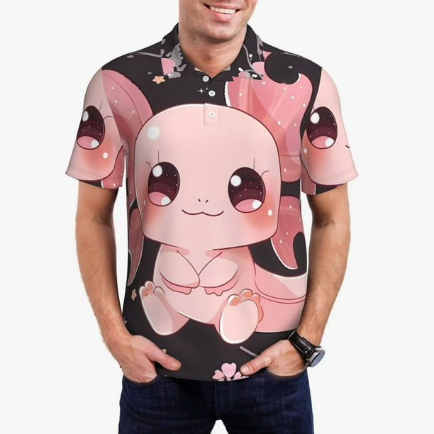 Balery Chibi Axolotl Sakura Fantasy Camisa Polo de Hombre con Estampado, de Manga Corta y Tejido Medio, Camisa Tipo Golf Polo-Large