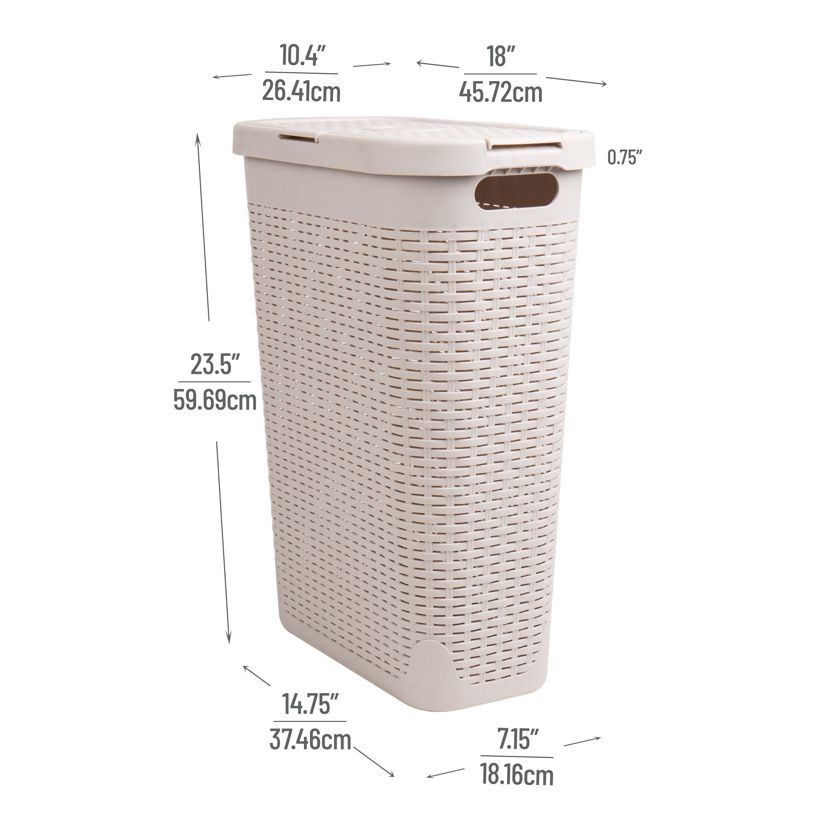 Mind Reader 40L Slim Laundry Hamper, Clothes Basket, Lid, Wicker Design, Plastic, 18"L x 10.4"W x 23.5"H, Set of 3, Ivory