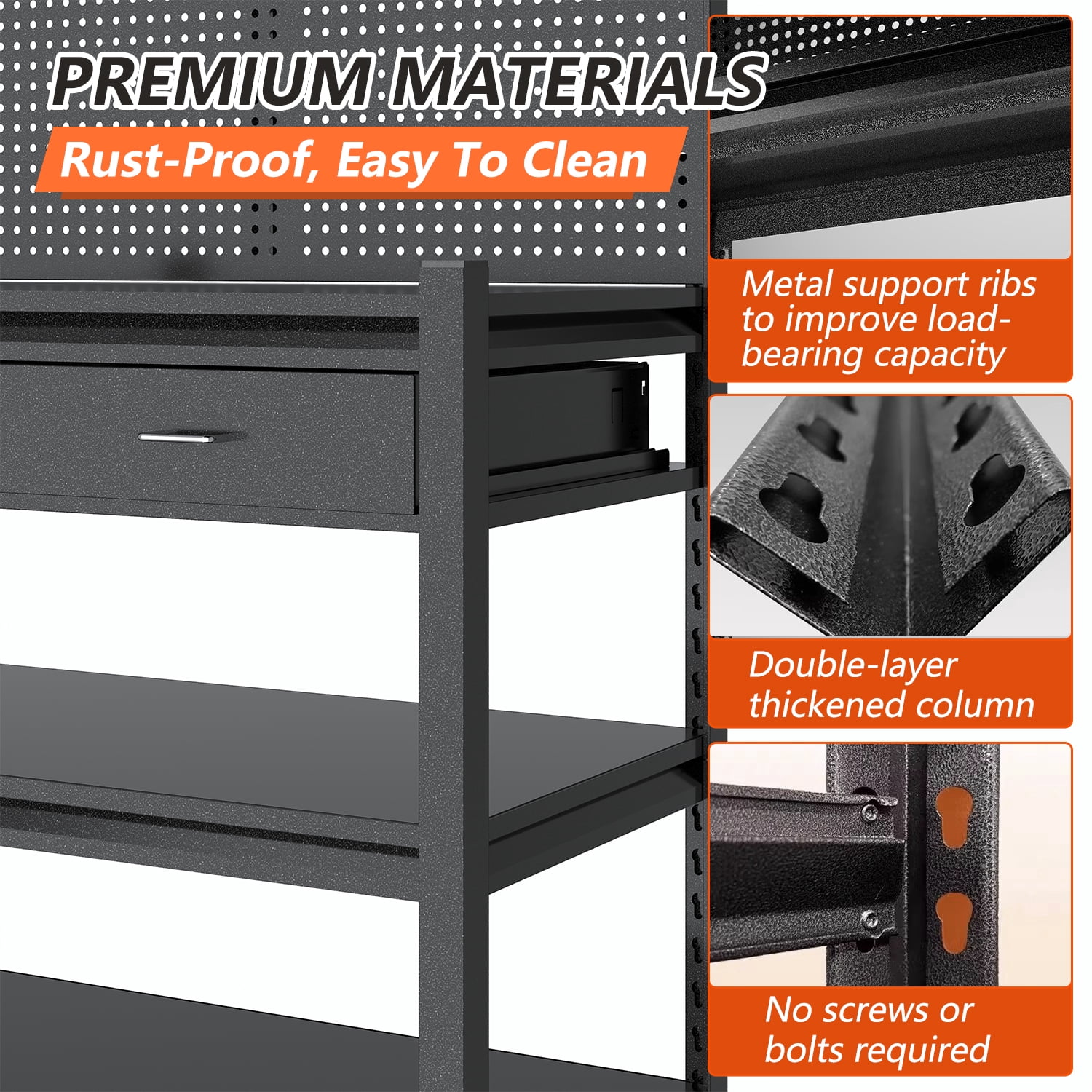 Workbench with Pegboard & Drawer, Adjustable Shelving Work Table, Mobile Workstation with Lockable Wheels for Garage Warehouse Workshop Office, 47.2" H x 33.5" W x 18" D, Black