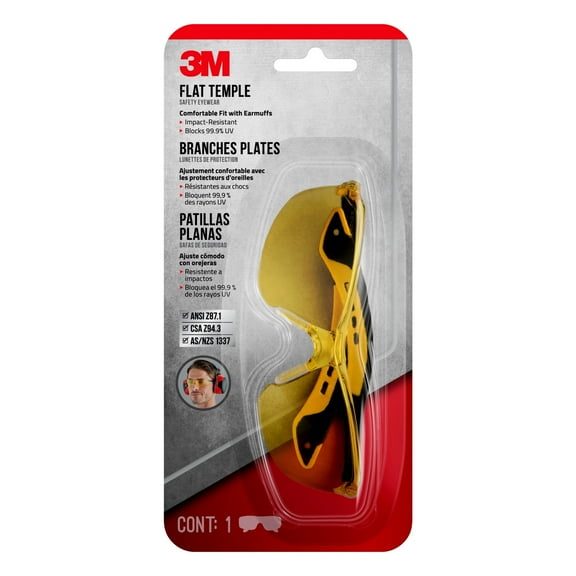 3M Safety Glasses, Flat Temple, Flexible, Yellow Lens, Protective Eyewear, 1 Pair