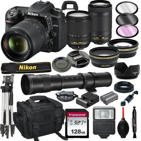Nikon D7500 DSLR Camera with 18-140mm VR and 70-300mm Lens Bundle with 420-800mm Preset f/8 Telephoto Lens   128GB Card, Tripod, Flash, and More 23pc Bundle
