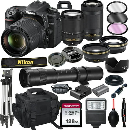 Nikon D7500 DSLR Camera with 18-140mm VR and 70-300mm Lens Bundle with 420-800mm Preset f/8 Telephoto Lens + 128GB Card, Tripod, Flash, and More 23pc Bundle
