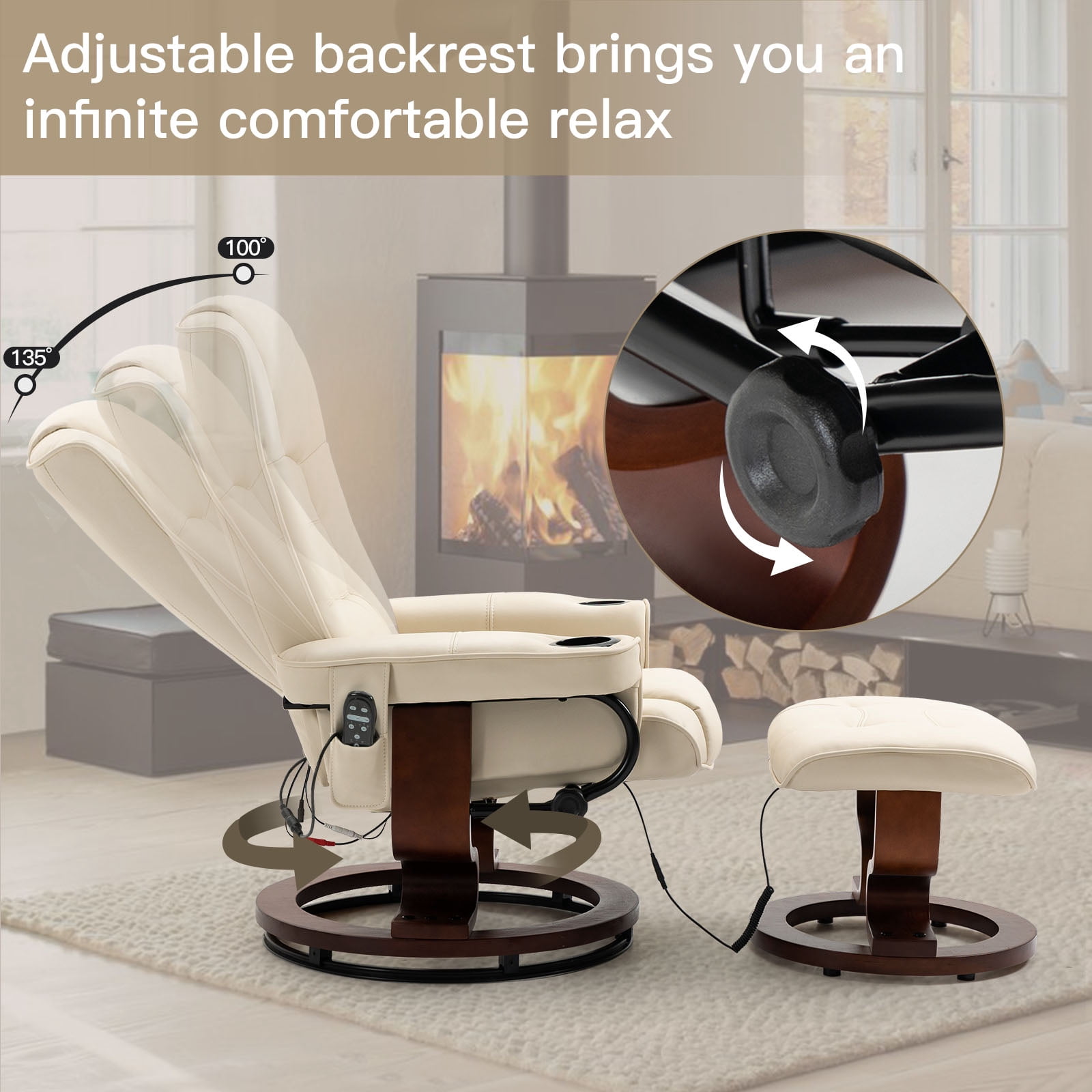 AVAWING Massage Recliner Chair with Ottoman, 360° Swivel PU Leather Reclining Chair, Beige