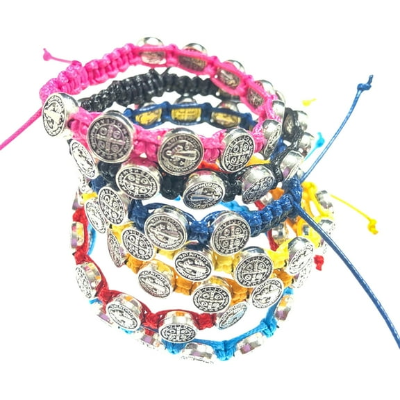 Necvior 12 Pcs Benedictines Medals Wristbands Spiritual Bracelets Handwoven Bangles Unisex Adjustable Wristchains Jewelry